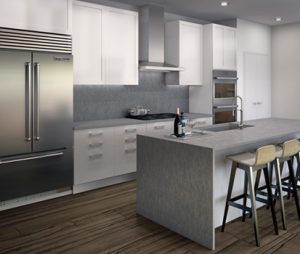 Sleek, white, modern kitchen with stainless steel appliances