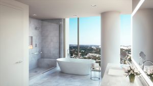 Marble-tiled bathroom featured in Windrose Tower Rooms featuring floating tub and walk-in shower