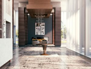 Lobby of Windrose Tower featuring framed photos of Legacy West area and sketch of Windrose Tower