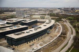Arial view of office buildings and construction in Plano's Legacy West area